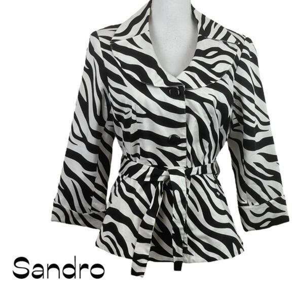 Sandro Black & White Animal Print Belted Short Trench Jacket NWOT Size M - Picture 2 of 12